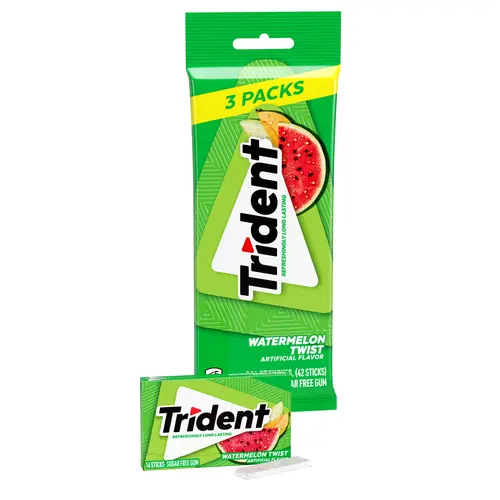 Trident Sugar Free Gum, Watermelon, 3 Packs of 14 Regular Size Pieces (42 Total Pieces) thumbnail 3