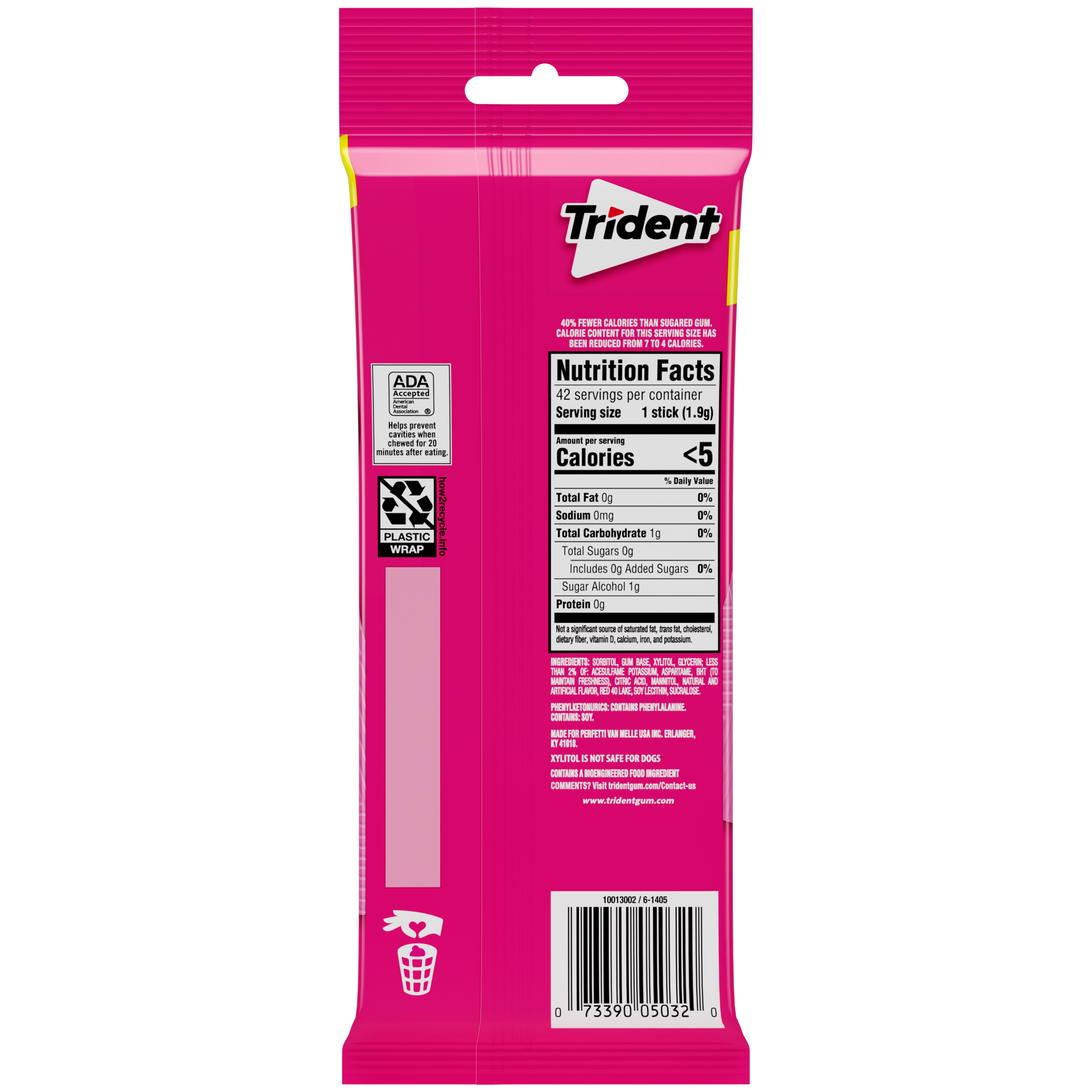 Trident Sugar Free Gum, Bubblegum, 3 Packs of 14 Regular Size Pieces (42 Total Pieces) thumbnail 2