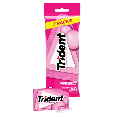 Trident Sugar Free Gum, Bubblegum, 3 Packs of 14 Regular Size Pieces (42 Total Pieces) thumbnail 3