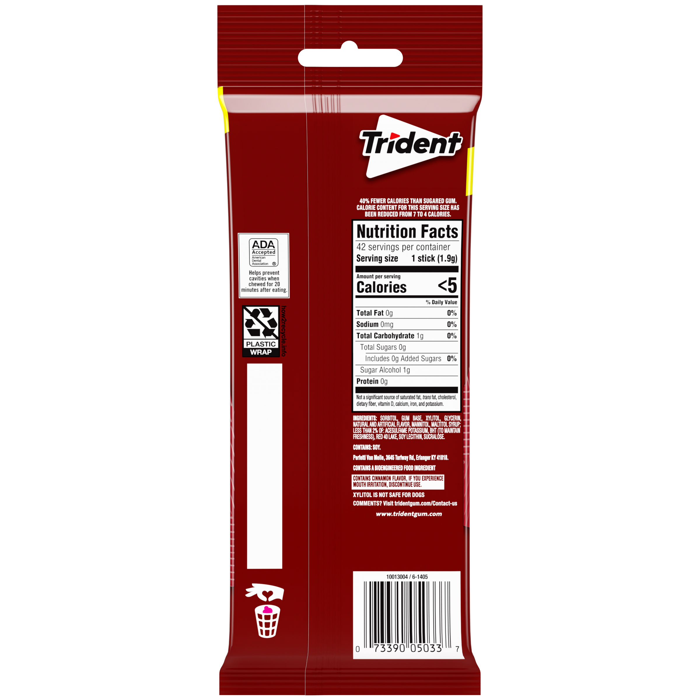 Trident Sugar Free Gum, Cinnamon, 3 Packs of 14 Regular Size Pieces (42 Total Pieces) thumbnail 2