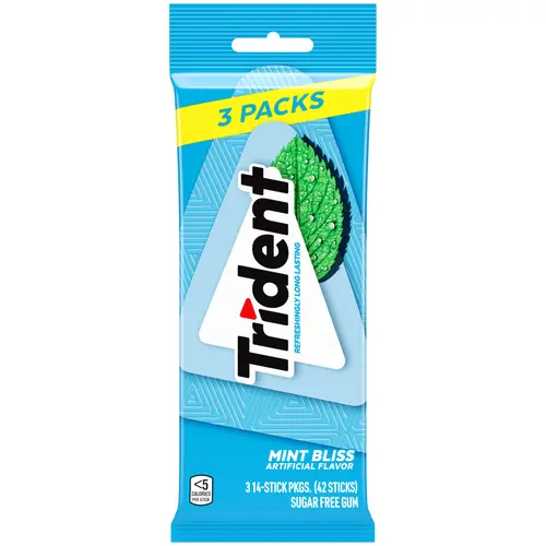 Trident Sugar Free Gum, Mint Bliss, 3 Packs of 14 Regular Size Pieces (42 Total Pieces)