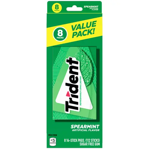 Trident Sugar Free Gum, Spearmint, Value Pack, 8 Packs of 14 Pieces (112 Regular Size Pieces)