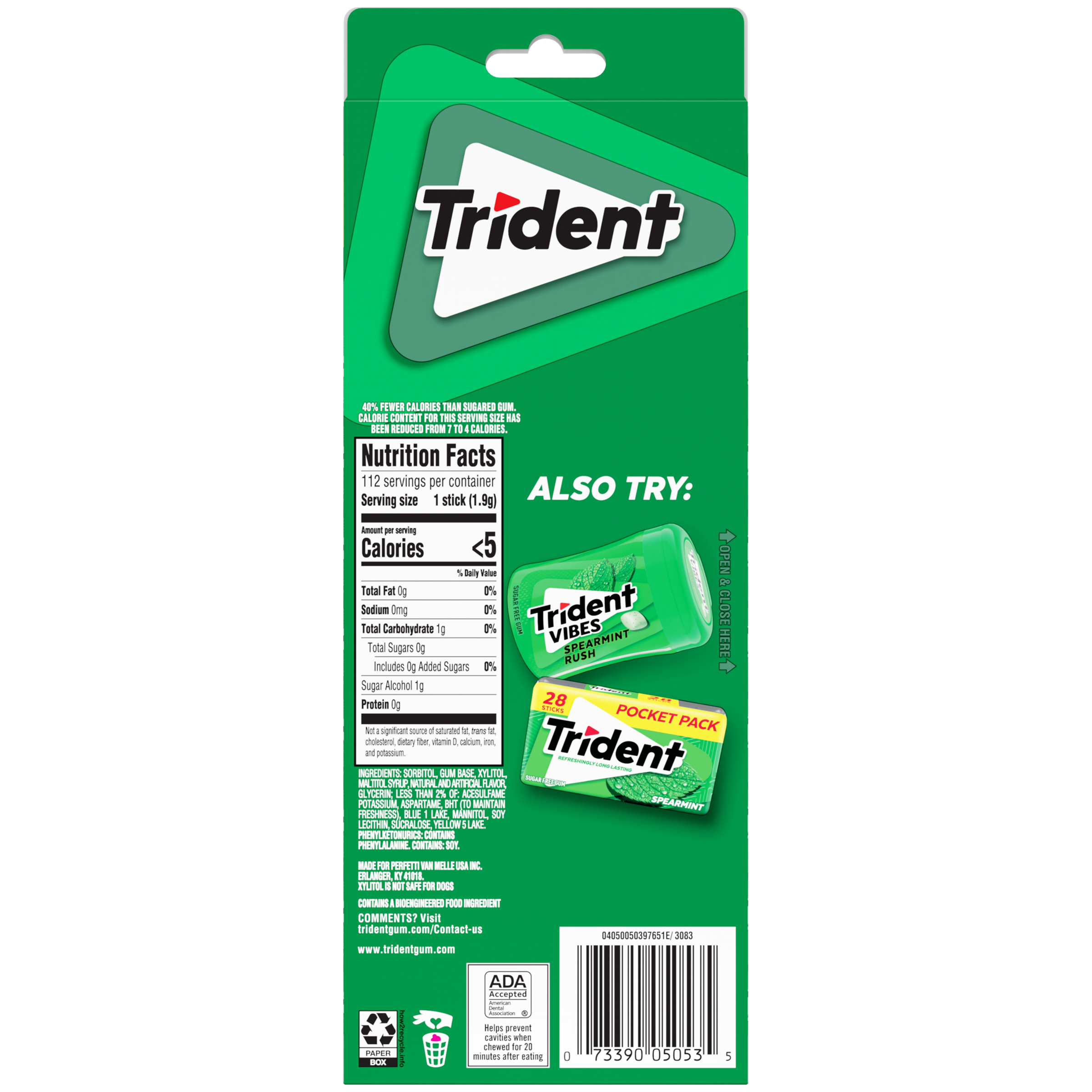 Trident Sugar Free Gum, Spearmint, Value Pack, 8 Packs of 14 Pieces (112 Regular Size Pieces) thumbnail 2