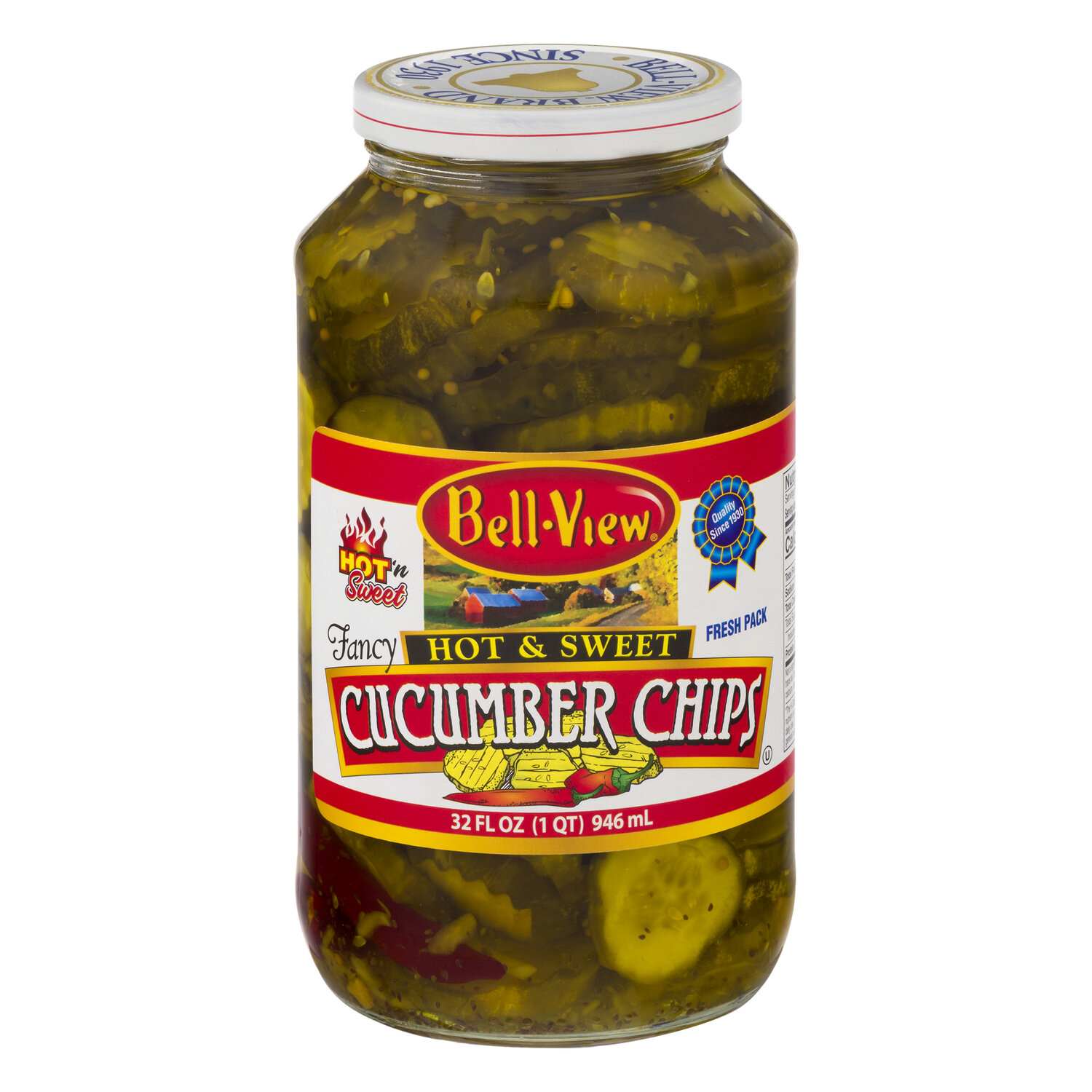 Bell-View Fancy Hot & Sweet Cucumber Chip Pickle Slices, 32 fl. oz. Glass Jar