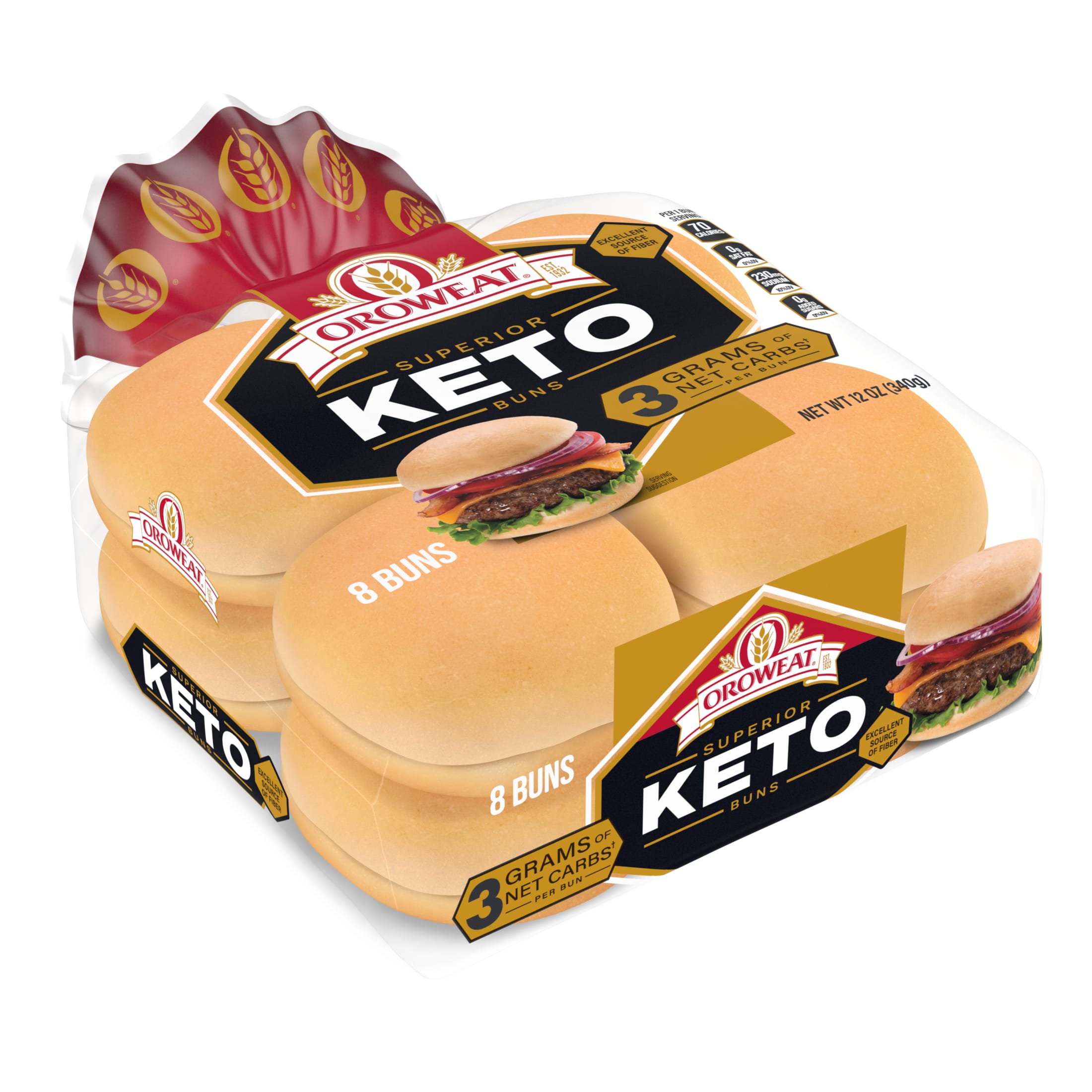 Oroweat Superior Keto Plain Hamburger Buns, 8 count, Hamburger Buns, 12 oz Bag thumbnail 2