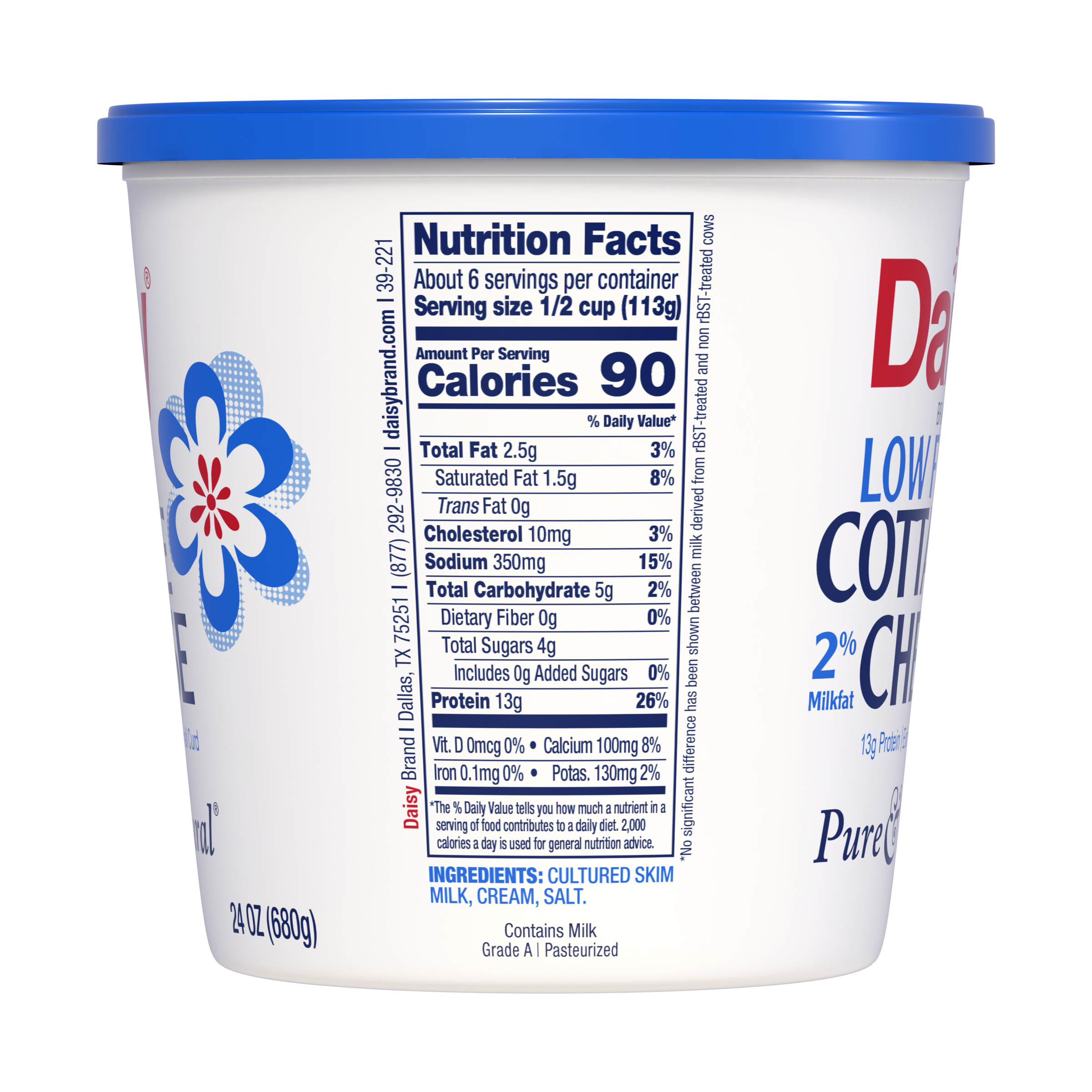 Daisy Pure and Natural Low Fat Cottage Cheese, 2% Milkfat, 24 oz (1.5 lb) Tub (Refrigerated) - 13g of Protein per serving thumbnail 3