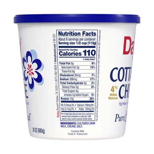 Daisy Pure and Natural Cottage Cheese, 4% Milkfat, 24 oz (1.5 lb) Tub (Refrigerated) - 13g of Protein per serving thumbnail 3