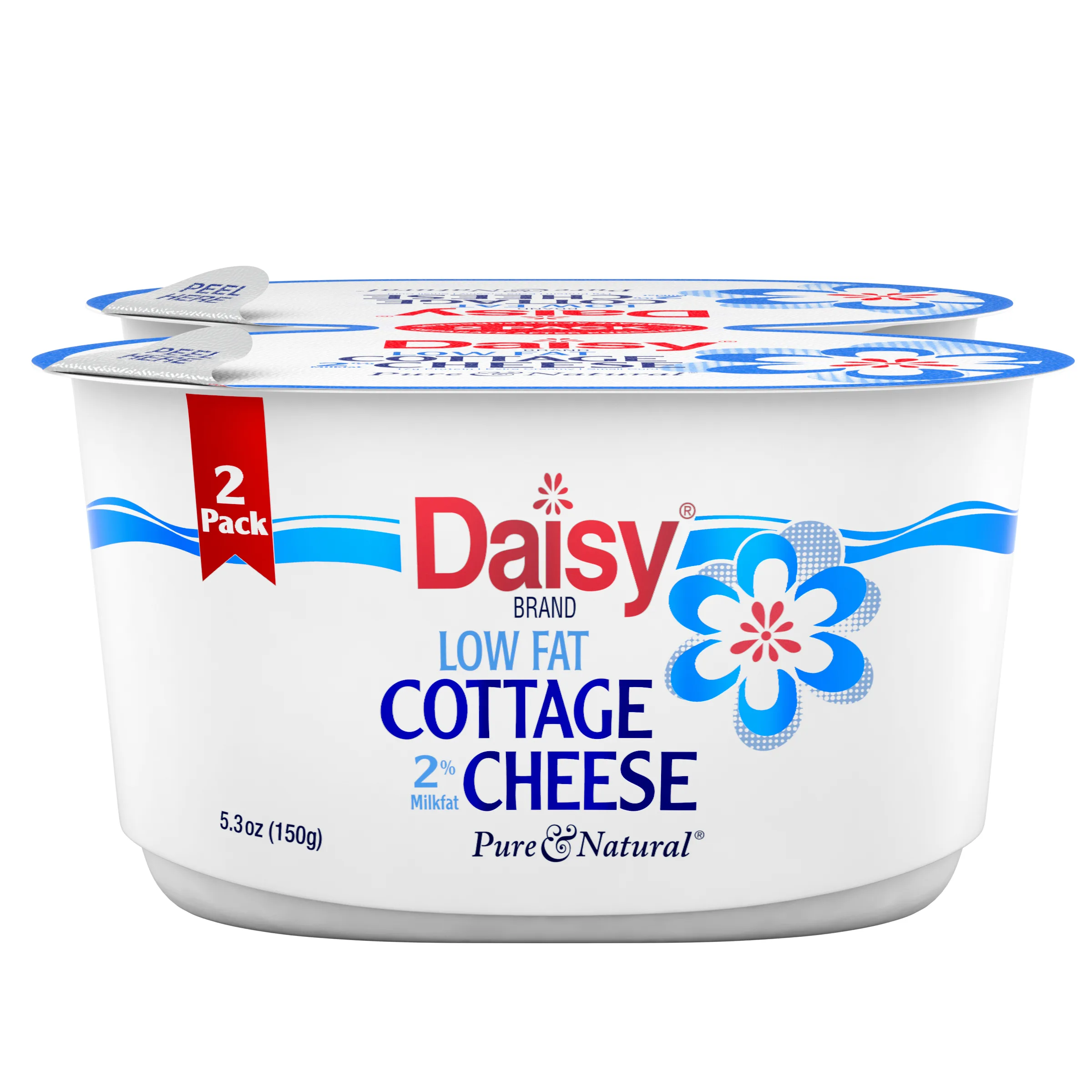 Daisy Pure and Natural Low Fat Cottage Cheese, 2% Milkfat, 2-Pack 5.3 oz Cups (Refrigerated) - 17g of Protein per serving