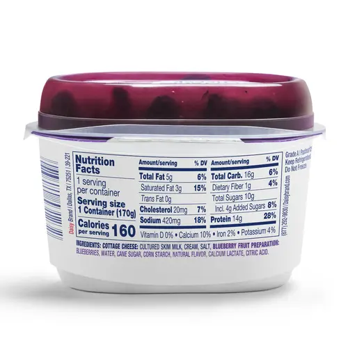 Daisy Cottage Cheese with Blueberries, 4% Milkfat, 6 oz Cup (Refrigerated) - 14g of Protein per serving thumbnail 3