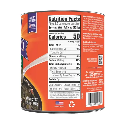 Glory Foods Canned Seasoned Collard Greens, 27 oz Can thumbnail 2