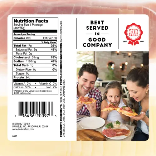 Del Duca, Dry Cured, Sliced Prosciutto & Provolone Cheese, Plastic Tray, Single Serve 3 oz.  24 Grams of Protein per Serving thumbnail 3
