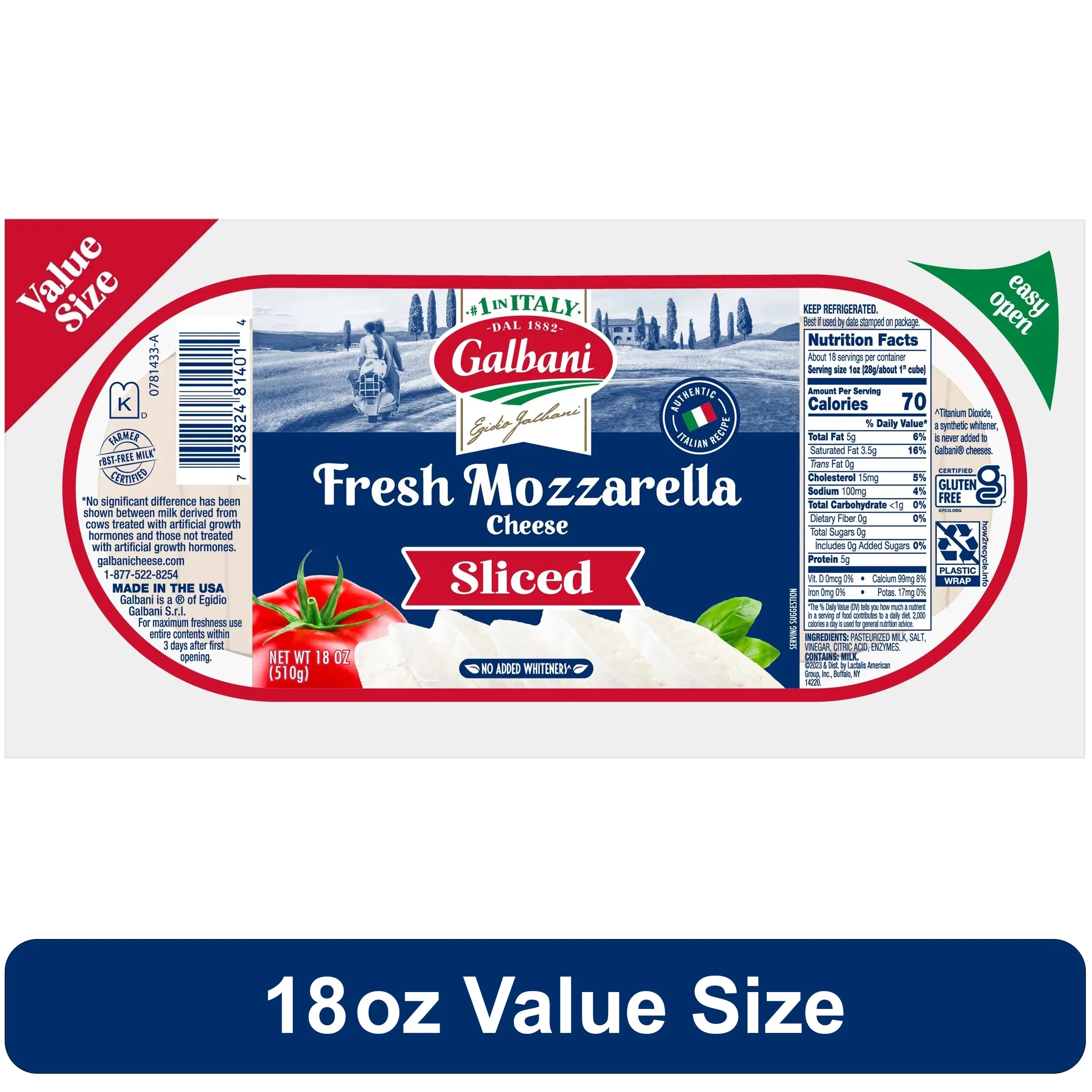 Galbani Value Size Fresh Mozzarella Cheese Log, Sliced, 18 oz (Refrigerated)