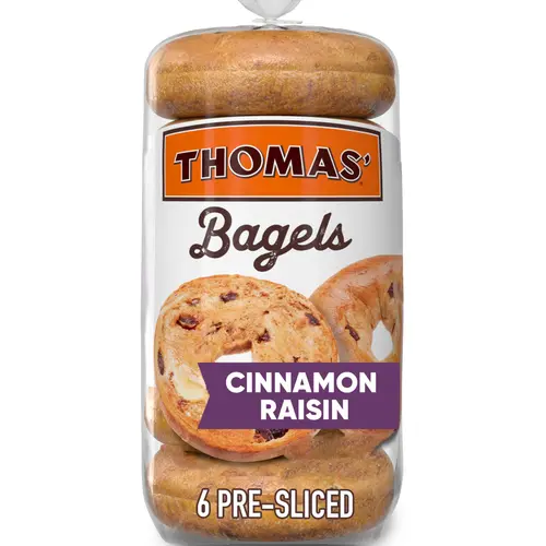 3x-Thomas' Cinnamon Raisin Bagels 6 count Pre-sliced Bagels 20 oz Bag