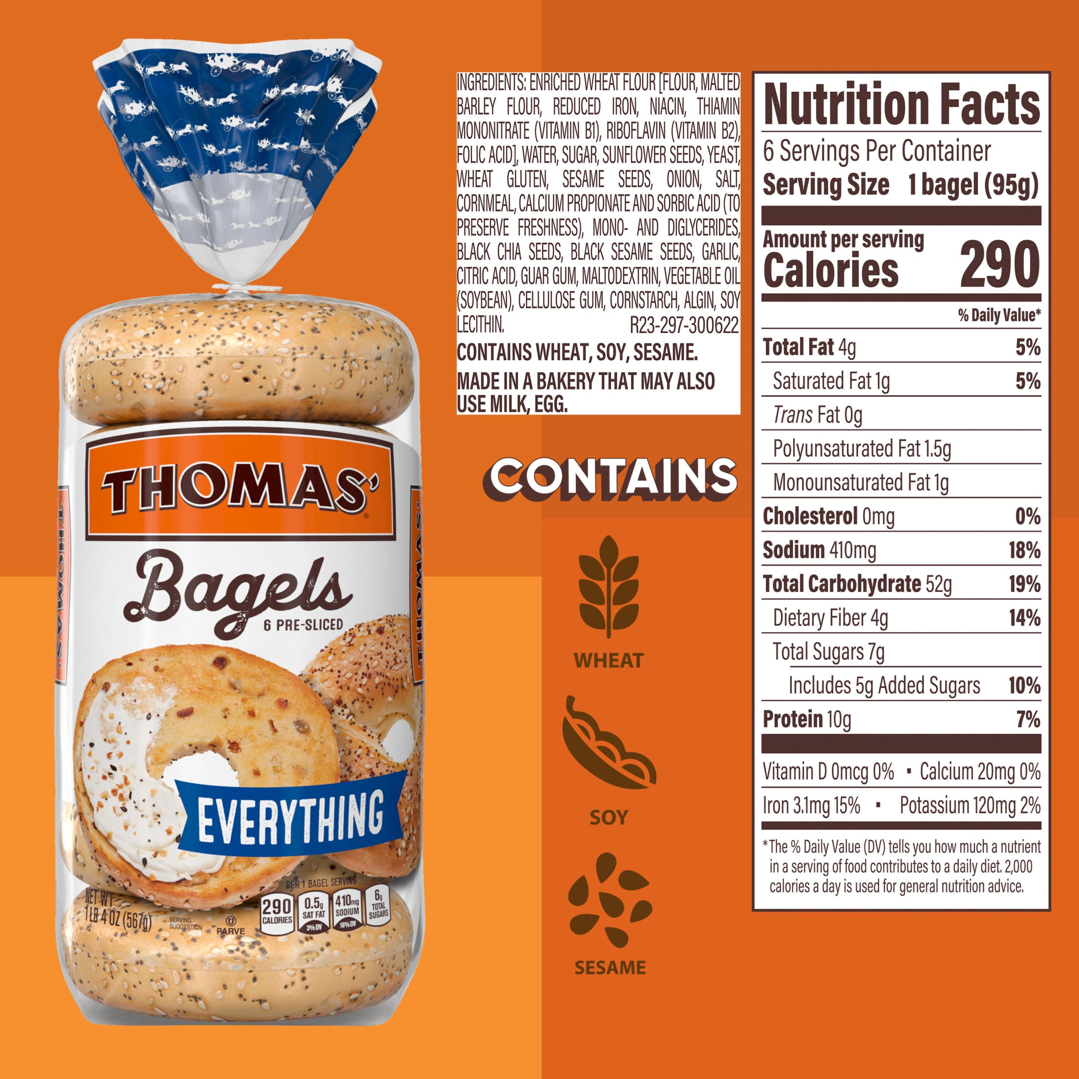2x-Thomas' Everything Bagels 6 count Pre-sliced Bagels 20 oz Bag thumbnail 2