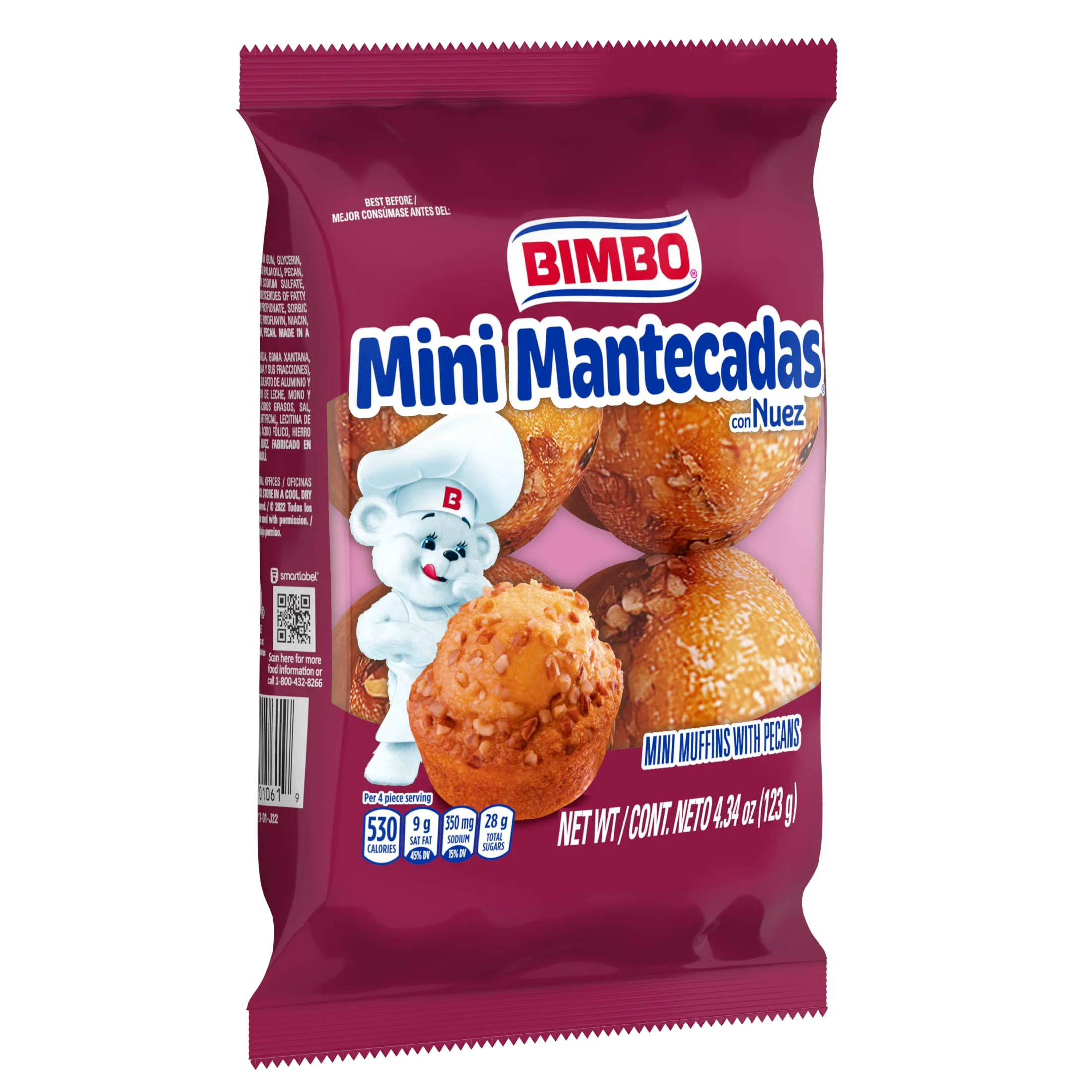 Bimbo Mini Mantecadas con Nuez Muffins, 4 count, Pecan Mini Muffins, 4.34 oz Bag