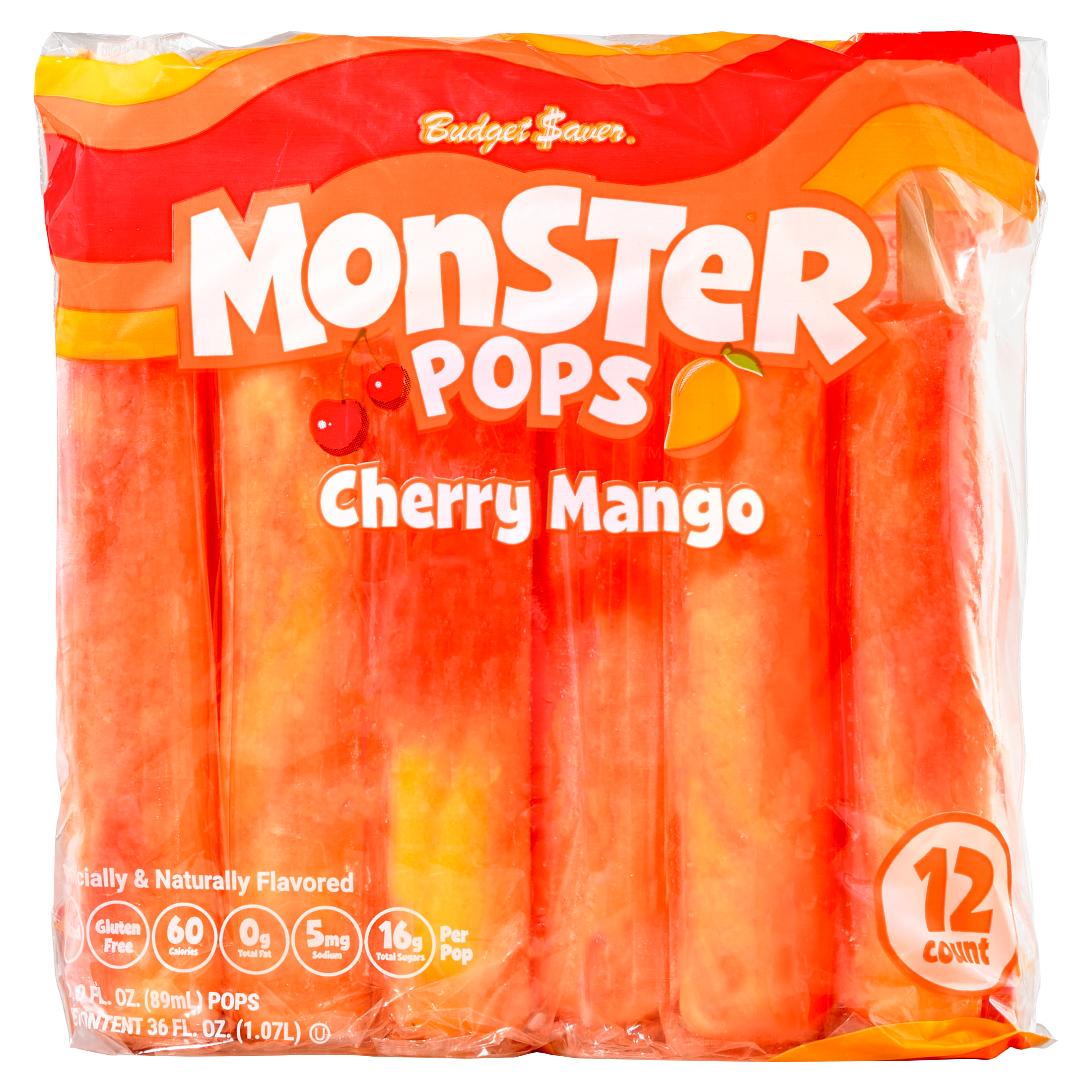 Budget Saver Monster Pops Cherry Mango, 12 Count