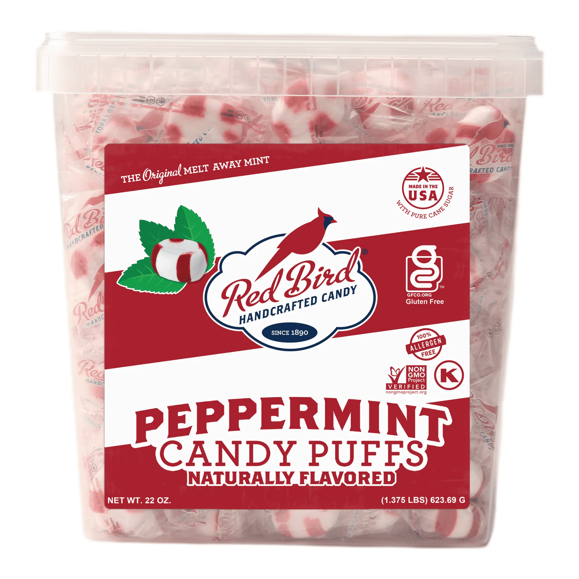 Red Bird Individually Wrapped Peppermint Candy Puffs, Gluten Free, Kosher, Non-GMO, 52 oz, Tub