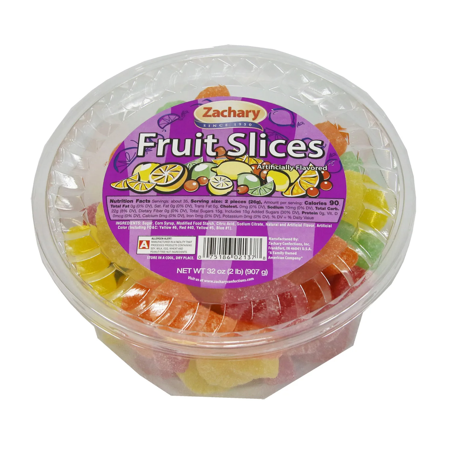 Zachary, Assorted Fruit Slices, Lemon, Lime, Cherry, & Orange Flavored Candy, 32 oz. Tub