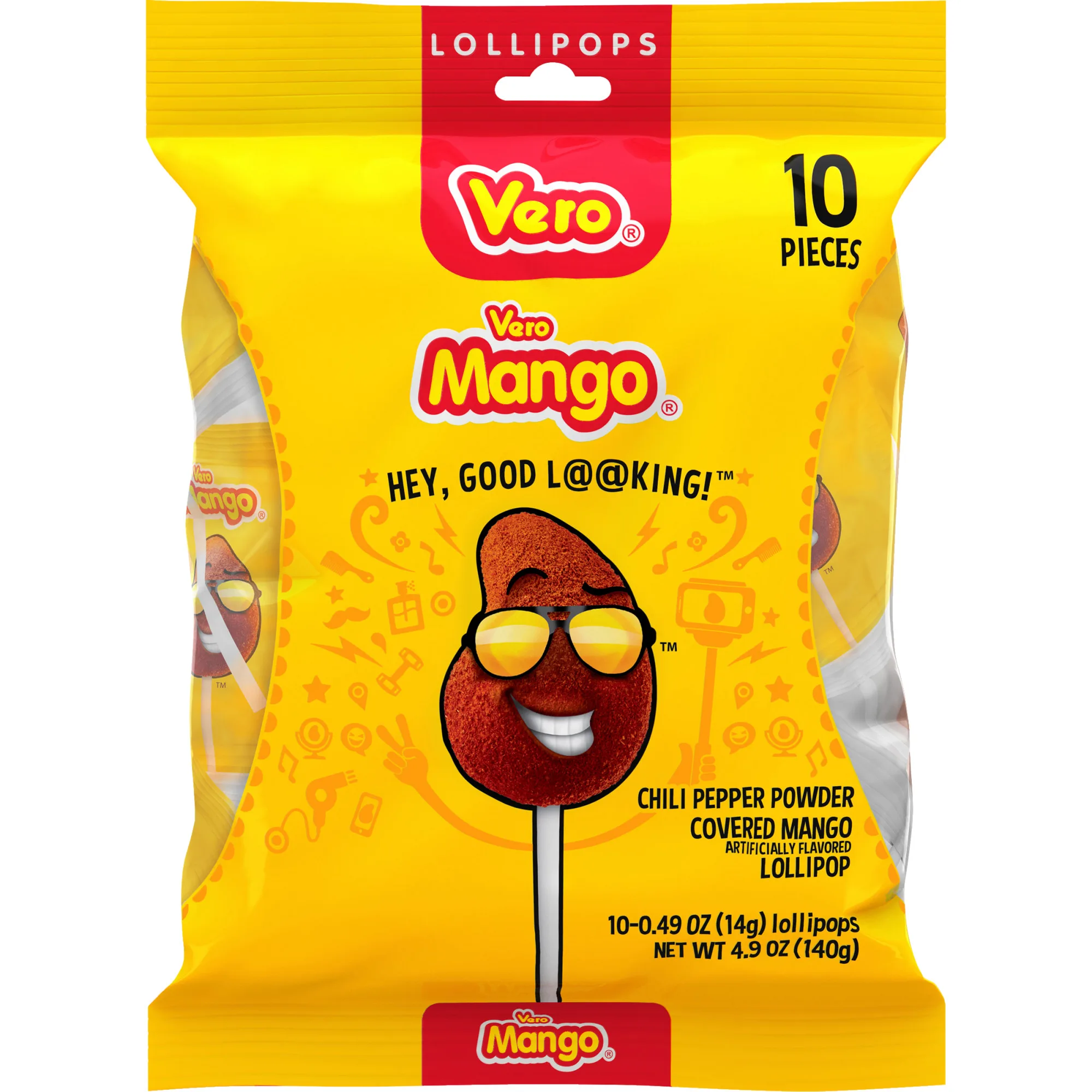 Dulces Vero Mango Candy Lollipops with Chili Pepper Powder, 10 Count Bag