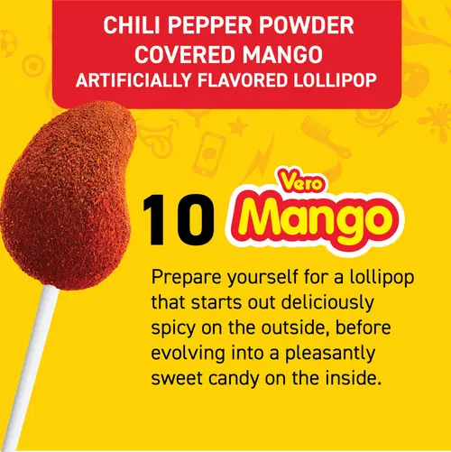 Dulces Vero Mango Candy Lollipops with Chili Pepper Powder, 10 Count Bag thumbnail 3