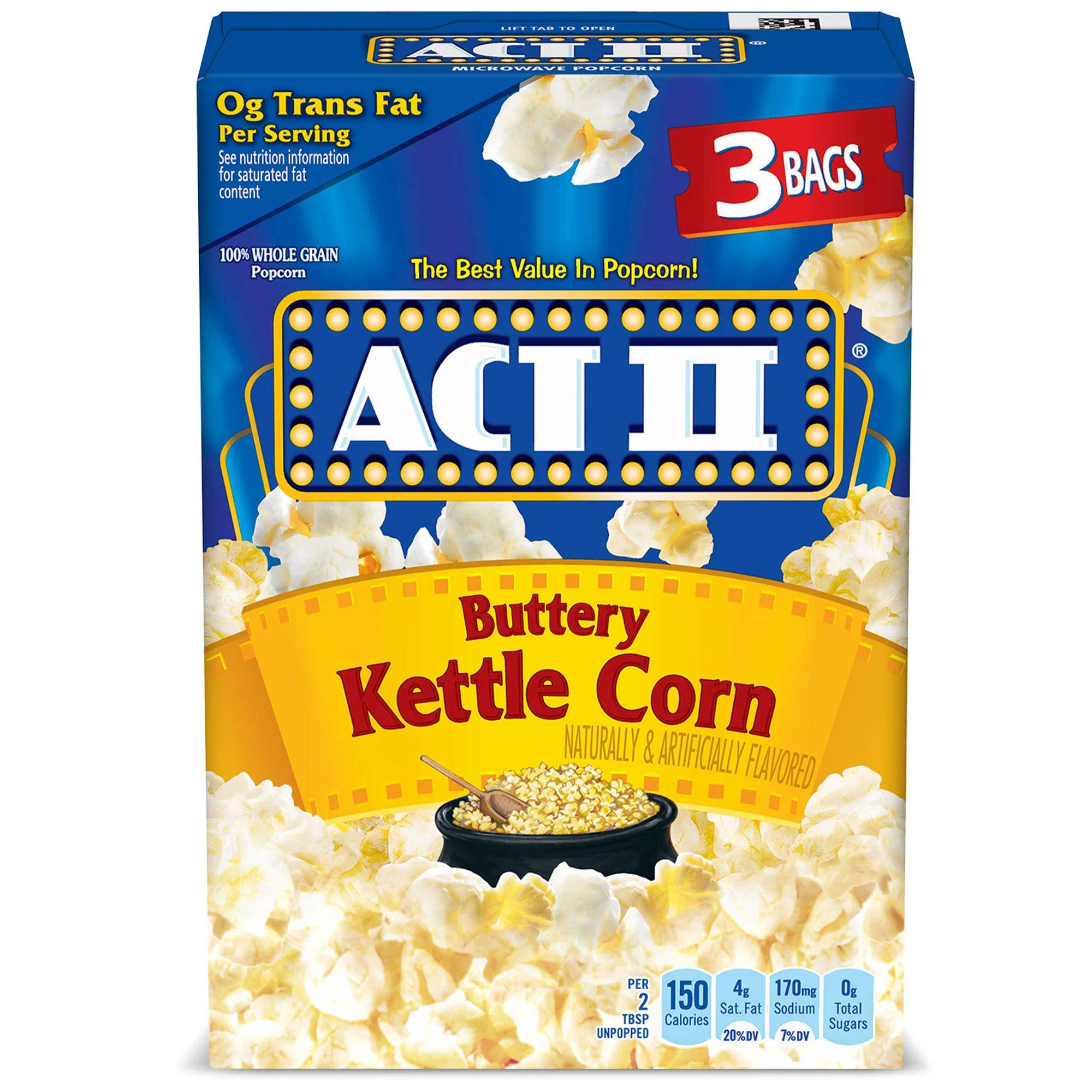 Act II Kettle Corn Microwave Popcorn, Sweet and Salty Popcorn, 2.75 oz, 3 Count