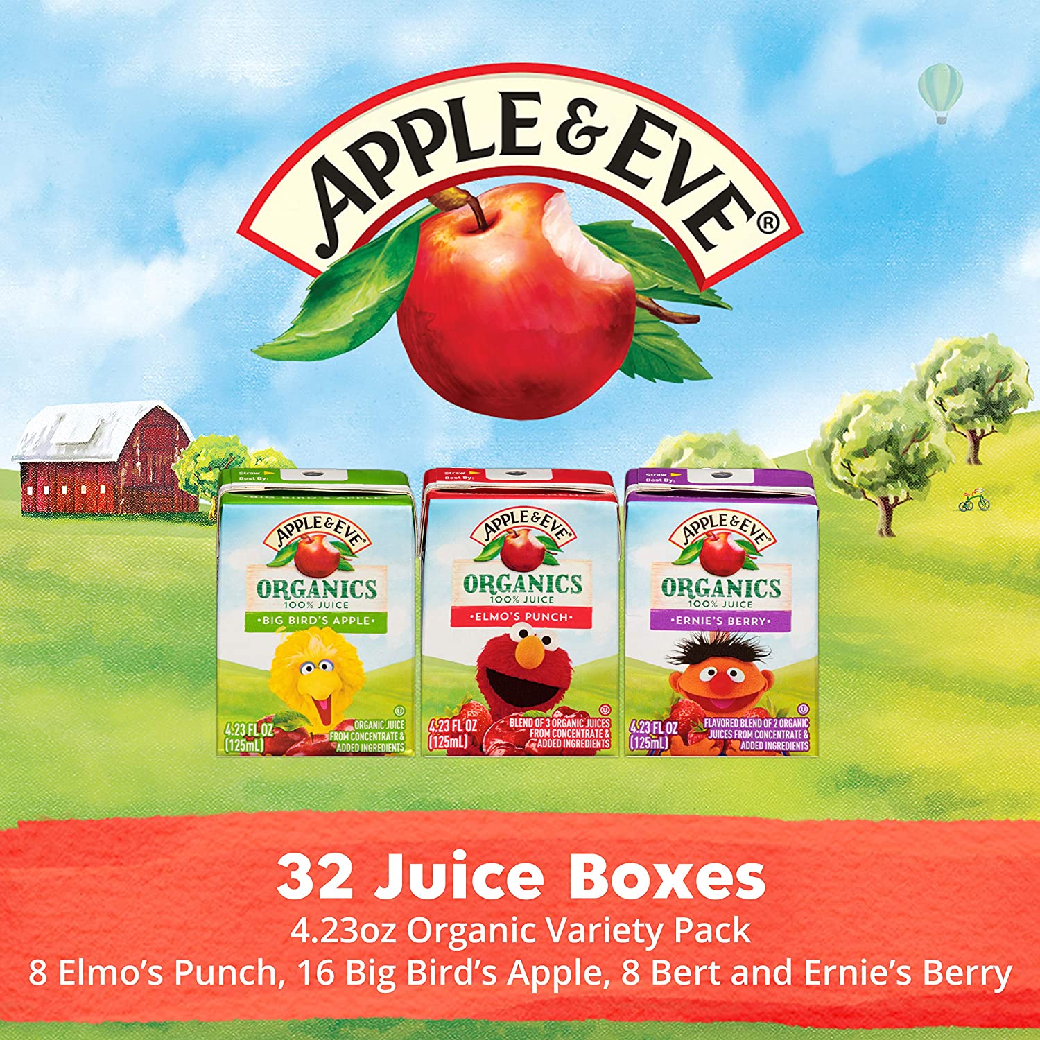 Apple & Eve Sesame Street Organic 100% Juice Variety Pack, 4.23 Fl. Oz., 32 Count thumbnail 3