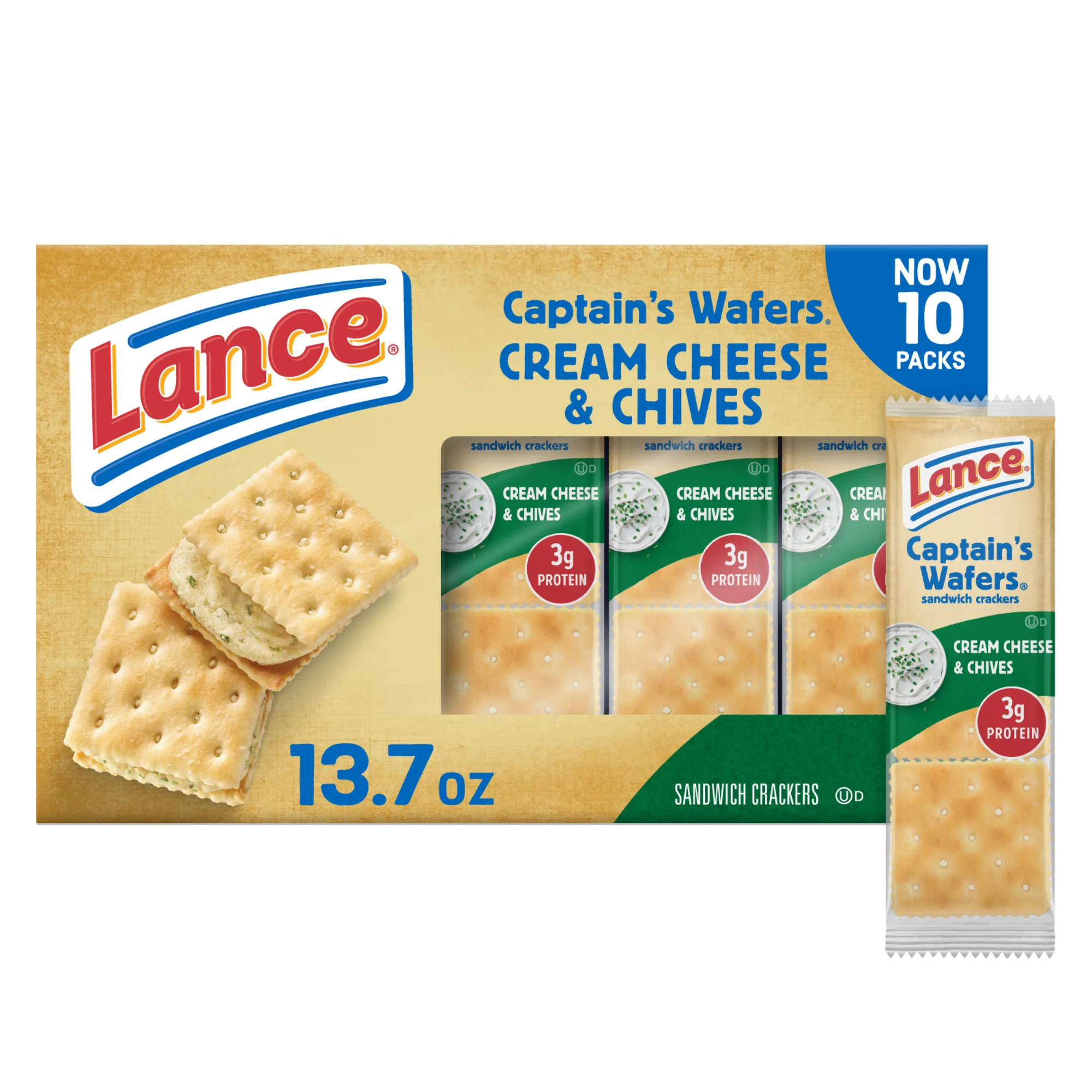 Lance Sandwich Crackers, Captain's Wafers Cream Cheese and Chives, 10 Packs, 6 Sandwiches Each