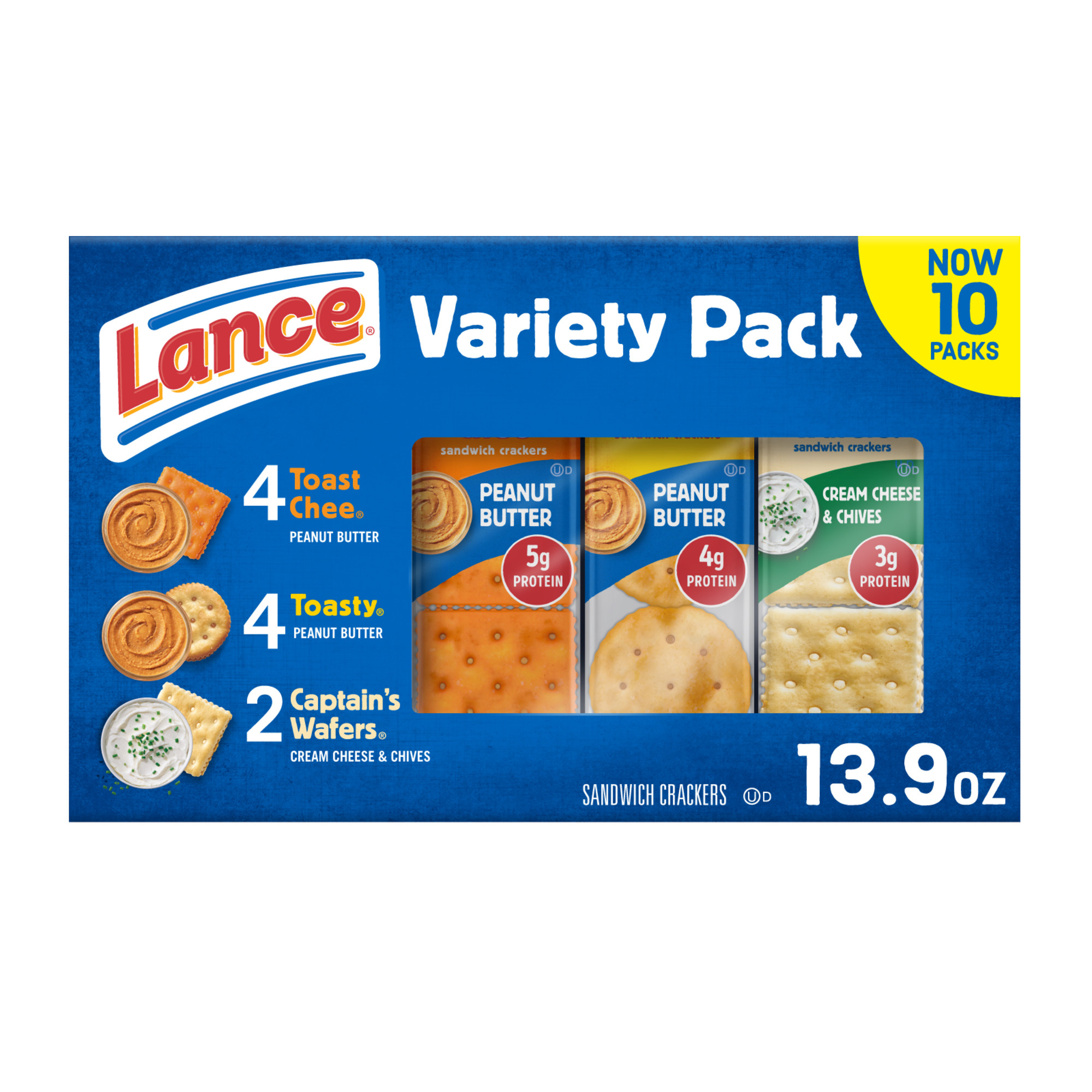 Lance Sandwich Crackers, Variety Pack, 3 Flavors, 10 Individually Wrapped Packs, 6 Sandwiches Each