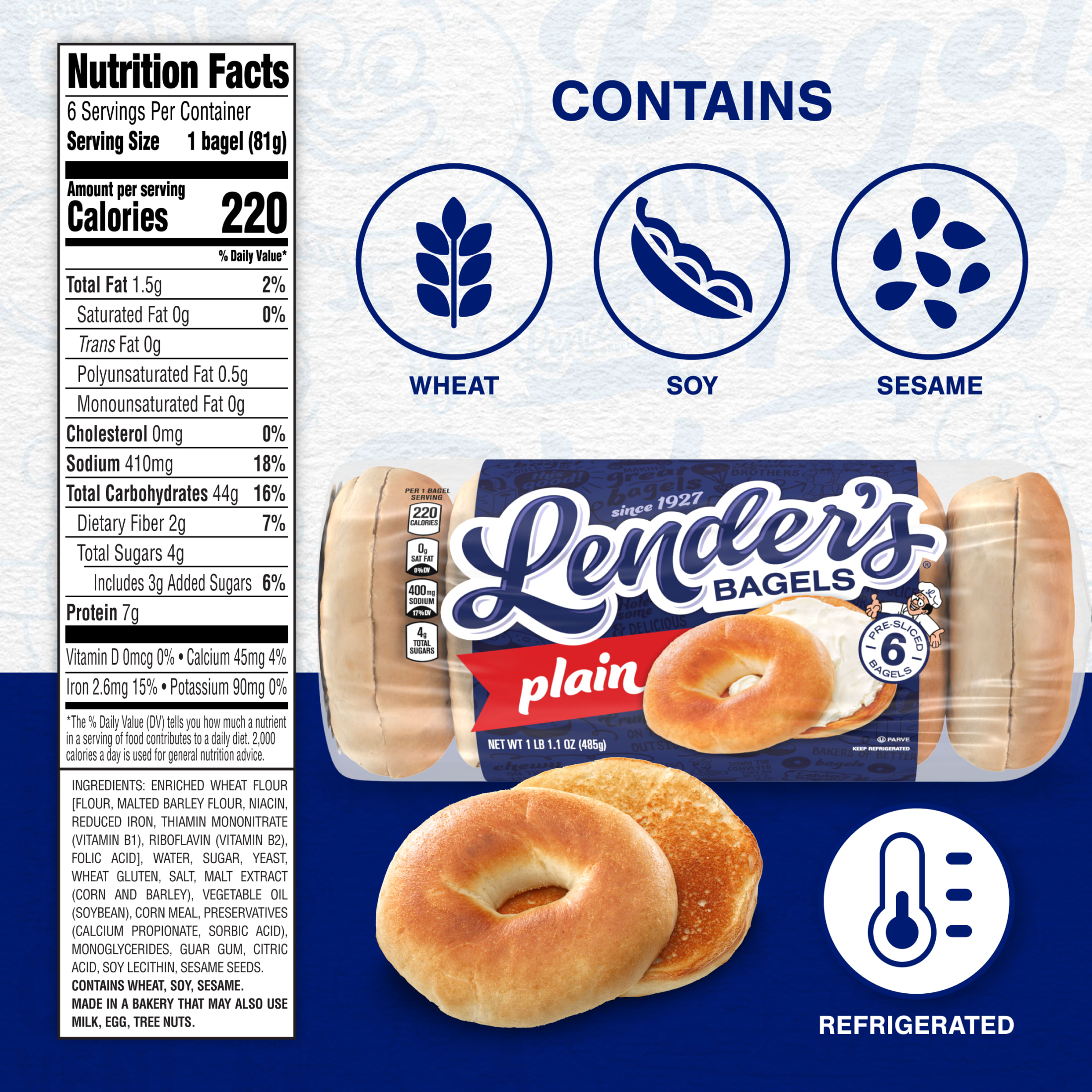 Lender's Original Plain Bagels, 6 count, Pre-sliced Refrigerated Bagels, 17.1 oz Bag thumbnail 4