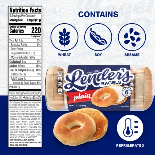 Lender's Original Plain Bagels, 6 count, Pre-sliced Refrigerated Bagels, 17.1 oz Bag thumbnail 4