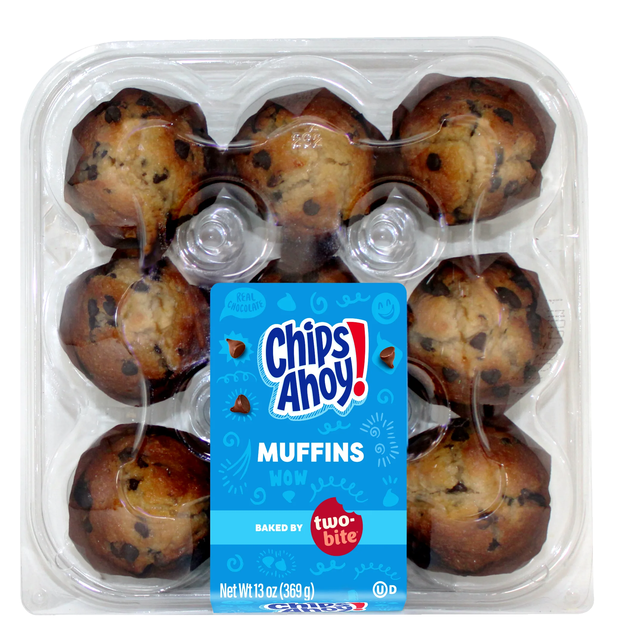 Two-Bite Chips Ahoy Muffins, 13 oz, 9 Count Clamshell, Shelf-Stable, Baked, Mini, Chewy, Soft