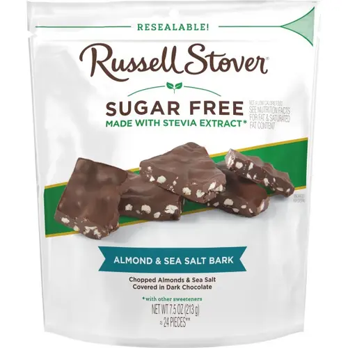RUSSELL STOVER Sugar Free Dark Chocolate Almond & Sea Salt Bark, 7.5 oz bag (â‰ˆ 24 pieces)