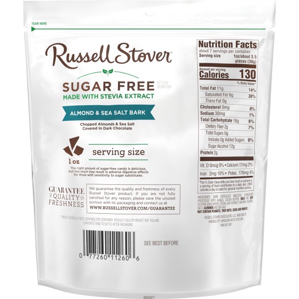 RUSSELL STOVER Sugar Free Dark Chocolate Almond & Sea Salt Bark, 7.5 oz bag (â‰ˆ 24 pieces) thumbnail 3