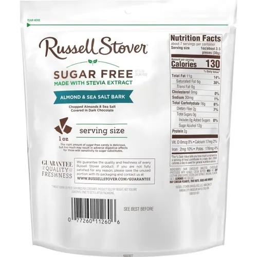 RUSSELL STOVER Sugar Free Dark Chocolate Almond & Sea Salt Bark, 7.5 oz bag (â‰ˆ 24 pieces) thumbnail 3