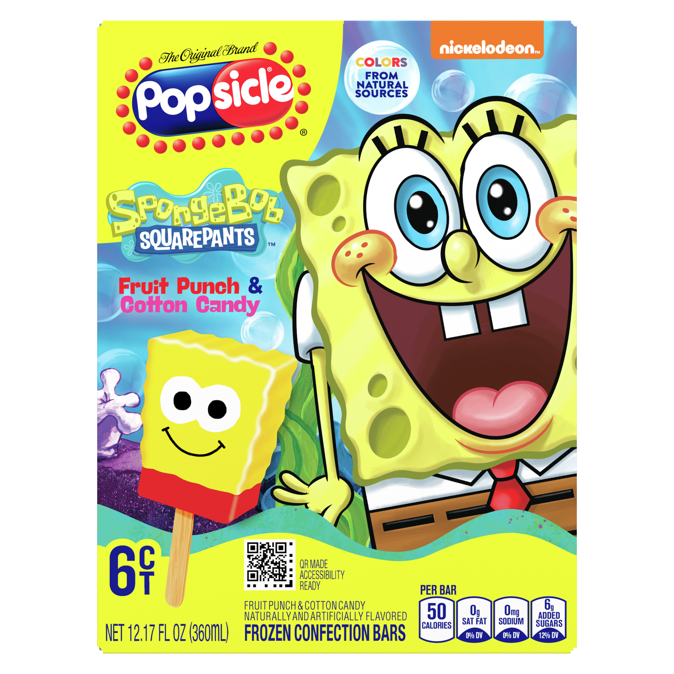 Popsicle SpongeBob SquarePants Frozen Confection Bars Colors from Natural Sources, 6 Count Box