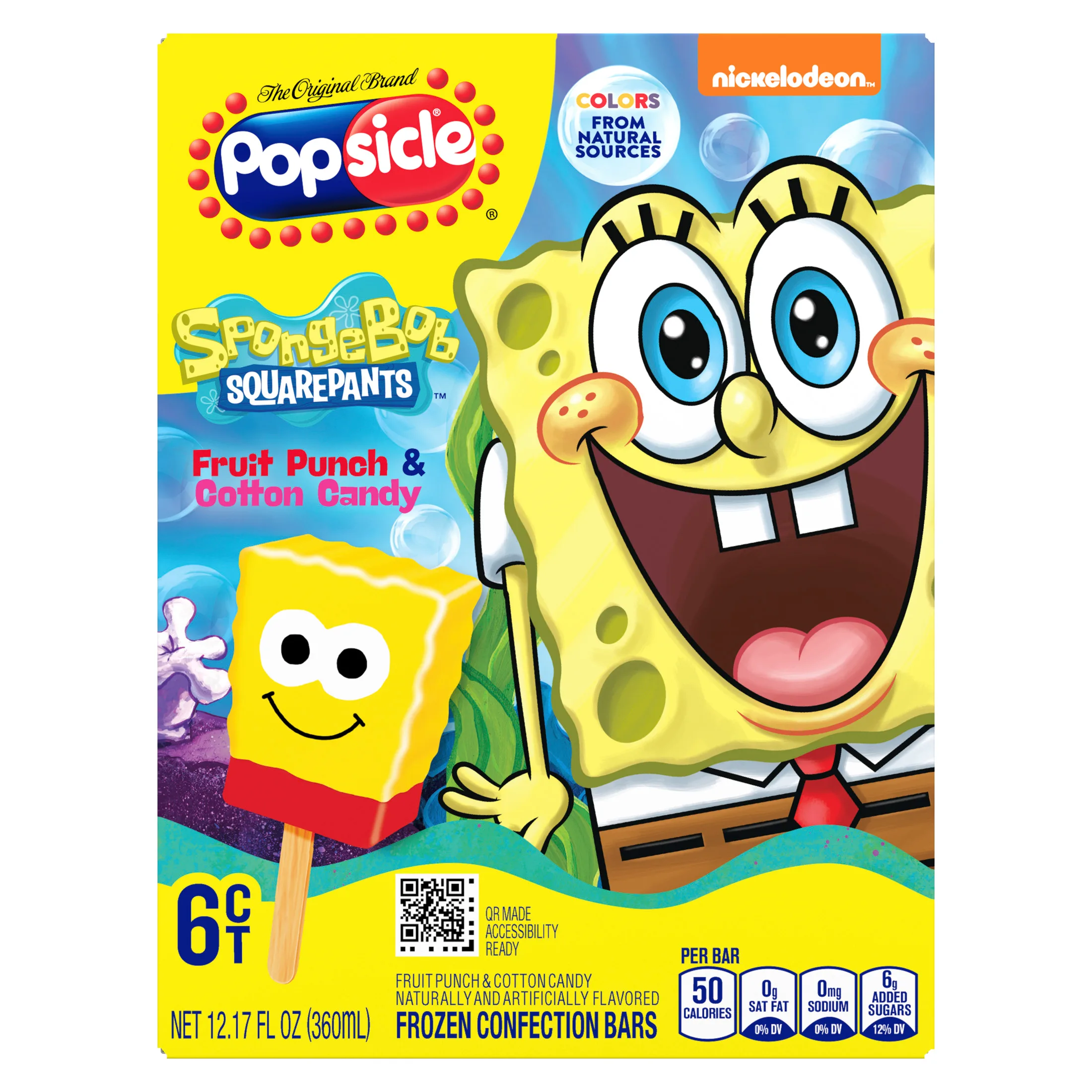 Popsicle SpongeBob SquarePants Frozen Confection Bars Colors from Natural Sources, 6 Count Box