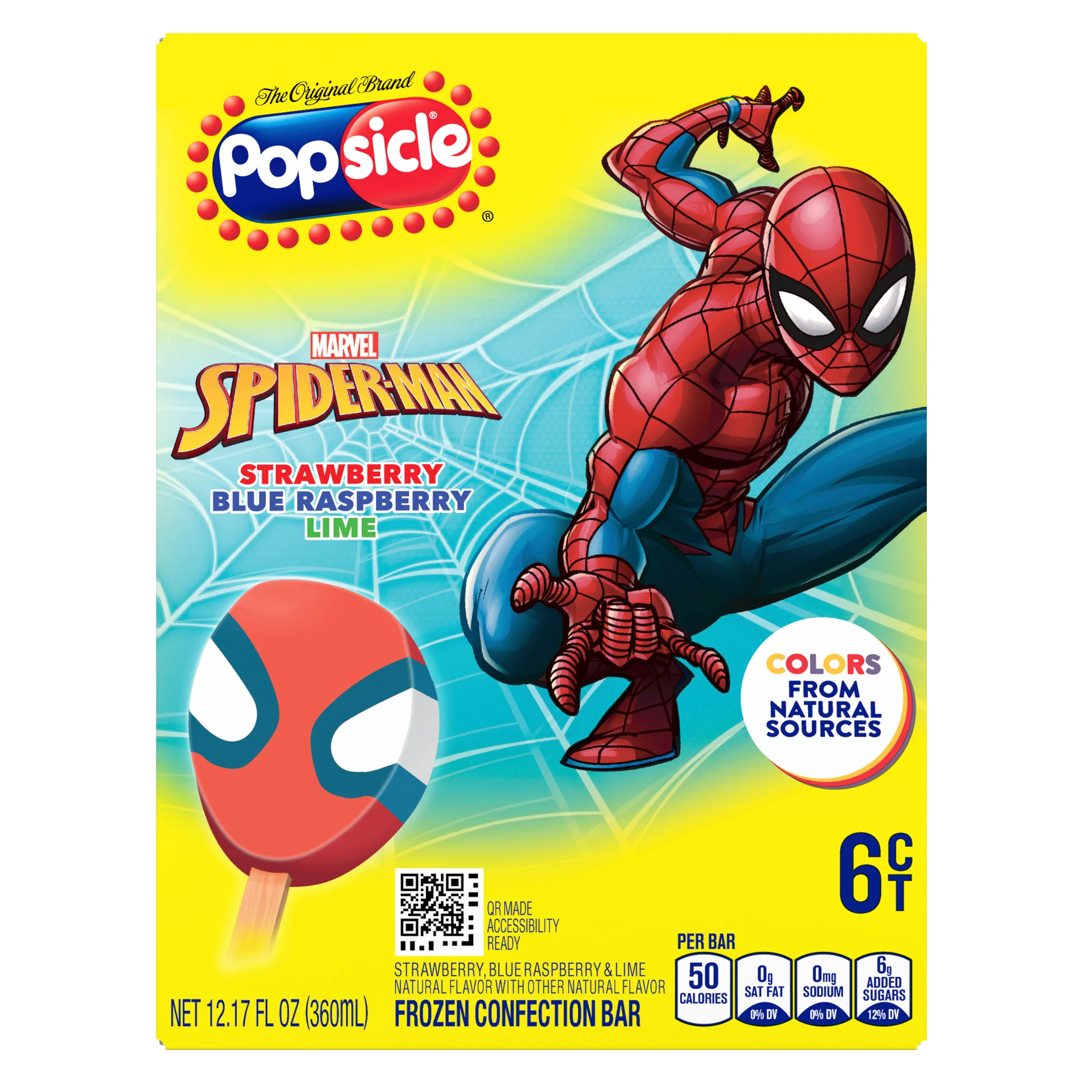 Popsicle Spiderman Frozen Confection Bars with Colors Made from Natural Sources, 12.17 fl oz 6 CT