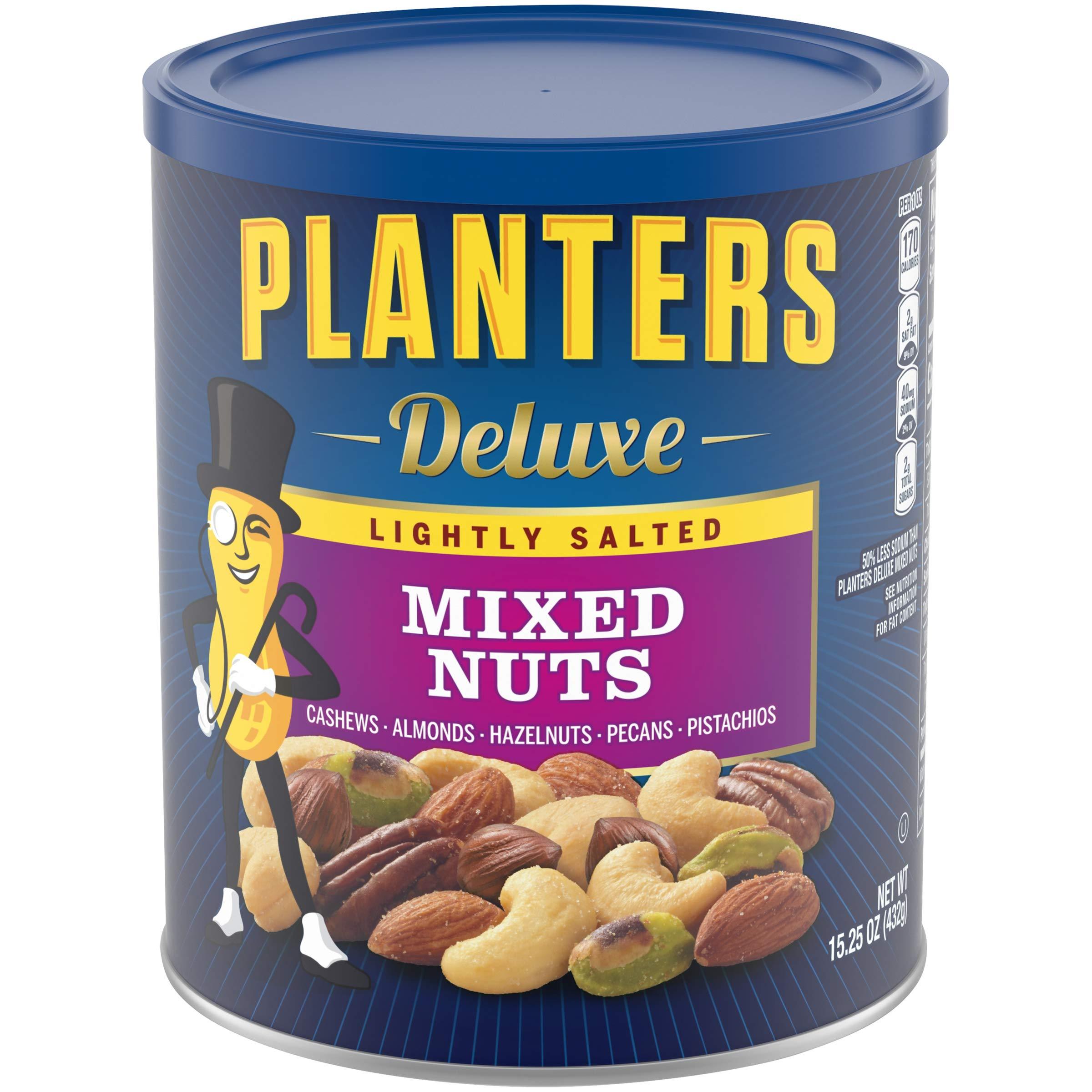 PLANTERS Deluxe Lightly Salted Mixed Nuts, 15.25 oz. Resealable Container - Reduced Sodium Mixed Nuts with Cashews, Almonds, Haz