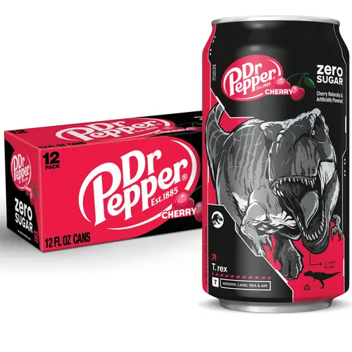 Dr Pepper Zero Sugar Cherry Soda Pop, 12 fl oz, 12 Pack Cans, Jurassic World Rebirth Limited Edition