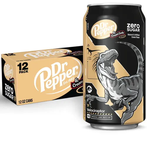 Dr Pepper & Cream Zero Sugar Soda Pop, 12 fl oz, 12 Pack Cans, Jurassic World Rebirth Limited Edition