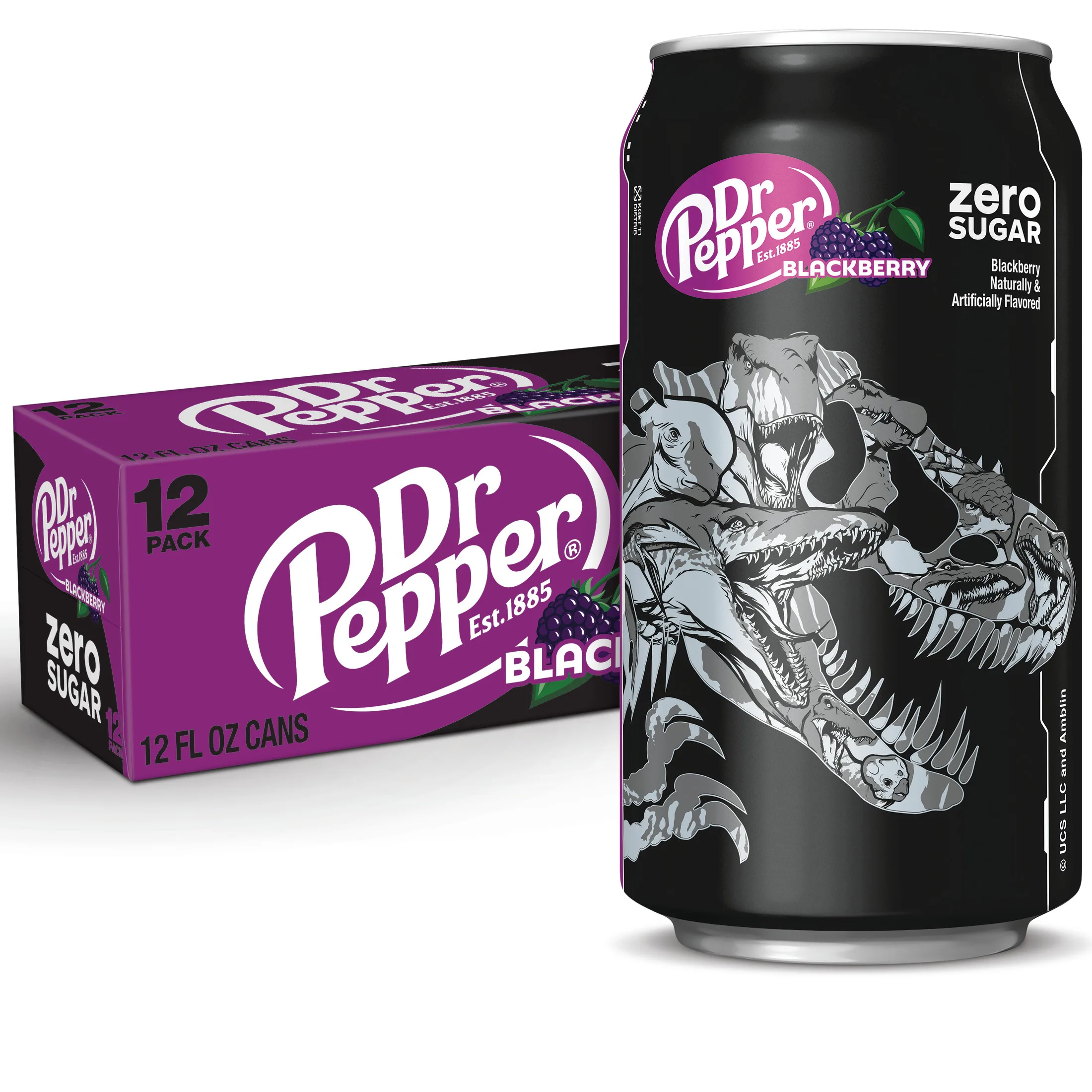 Dr Pepper Blackberry Zero Sugar Soda Pop, 12 fl oz, 12 Pack Cans, Jurassic World Rebirth Limited Edition