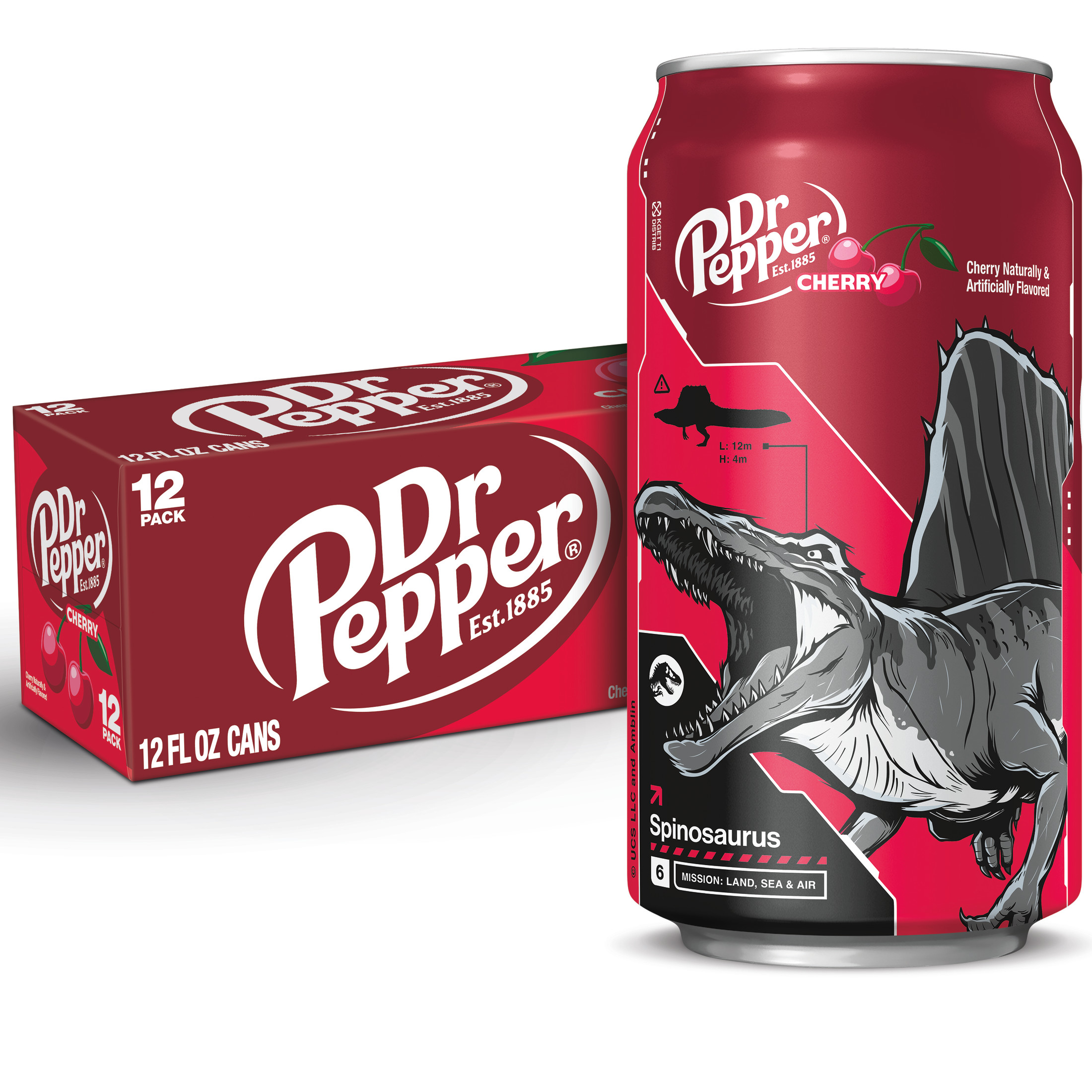 Dr Pepper Cherry Soda Pop, 12 fl oz, 12 Pack Cans, Jurassic World Rebirth Limited Edition