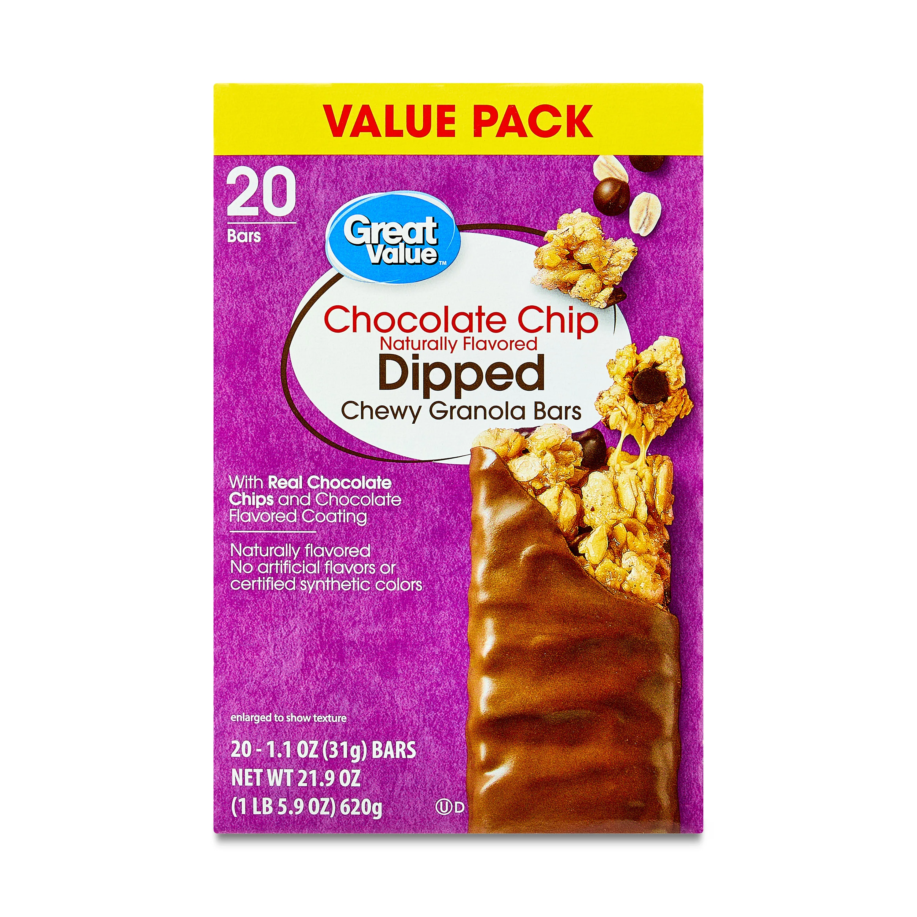 Great Value Chocolate Chip Dipped Chewy Granola Bars, 1.1 oz Paper Box, 20 Count