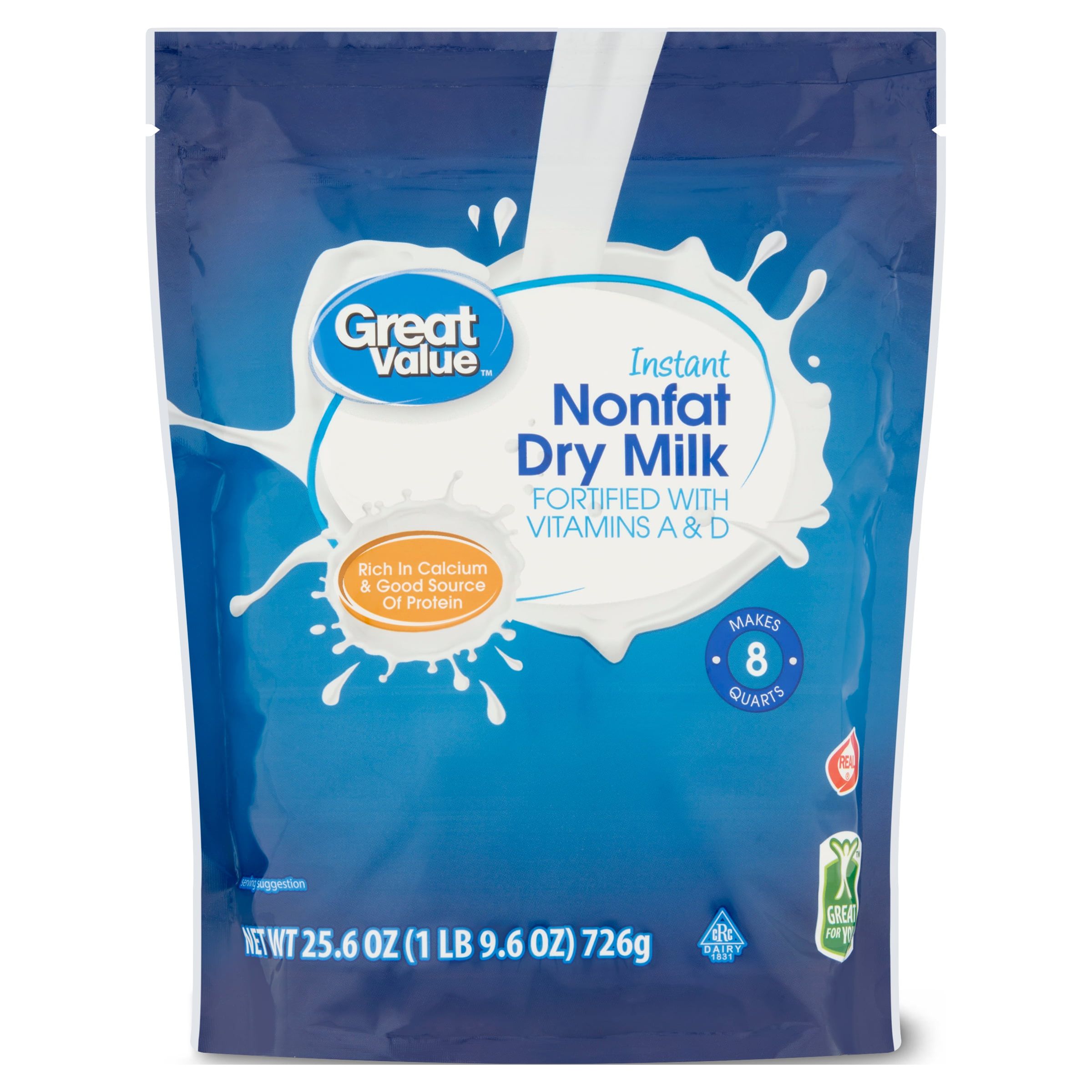 Great Value Instant Nonfat Dry Milk, 25.6 oz Bag, Makes 8 Quarts, 32 Servings per Container