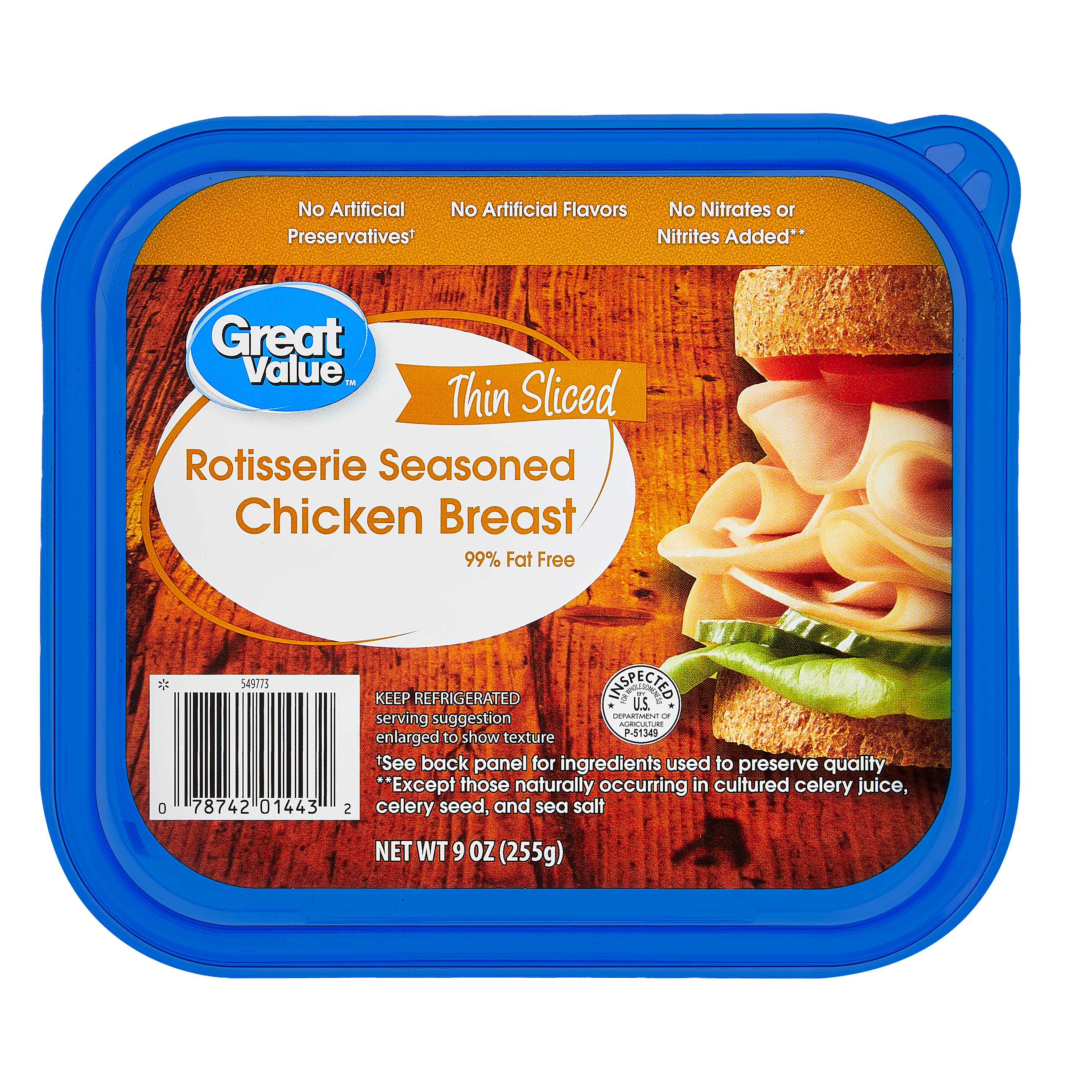 Great Value Rotisserie Chicken Lunchmeat, 9 oz Plastic Tub, 10g of Protein per 2oz Serving