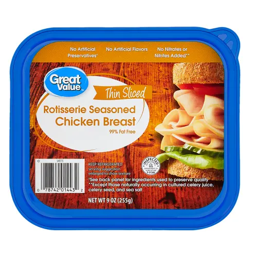 Great Value Rotisserie Chicken Lunchmeat, 9 oz Plastic Tub, 10g of Protein per 2oz Serving