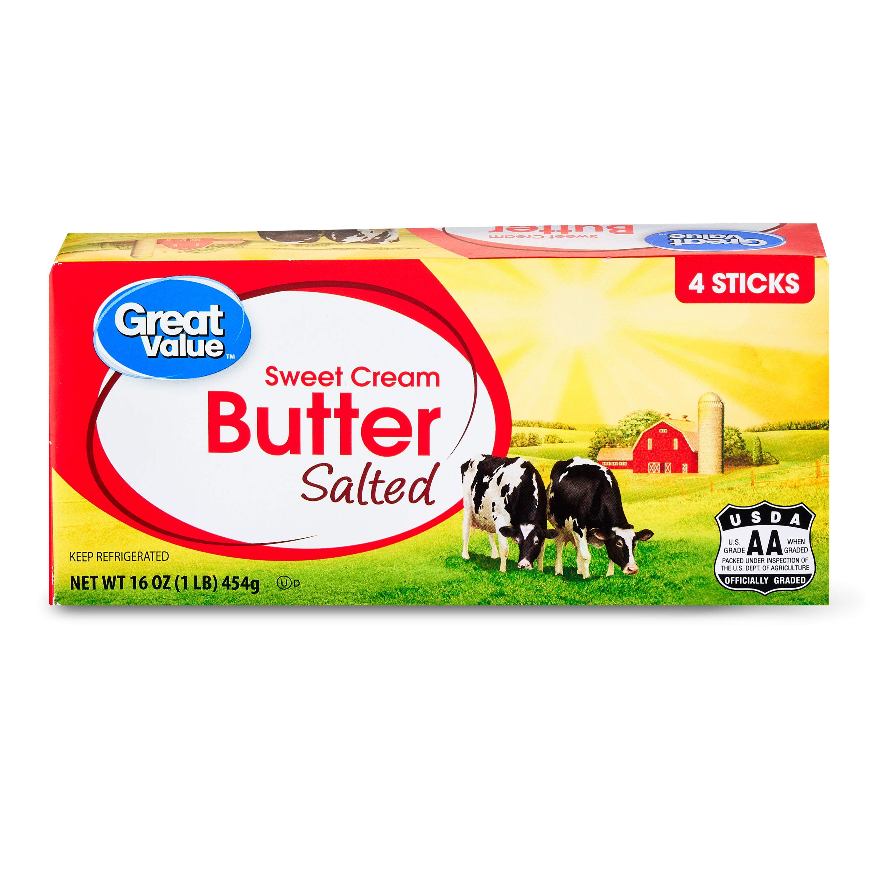 Great Value Sweet Cream Salted Butter, 4 Sticks, 16 oz Box, Refrigerated