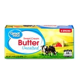 Great Value Sweet Cream Unsalted Butter, Refrigerated, 16 oz Box, 4 Sticks