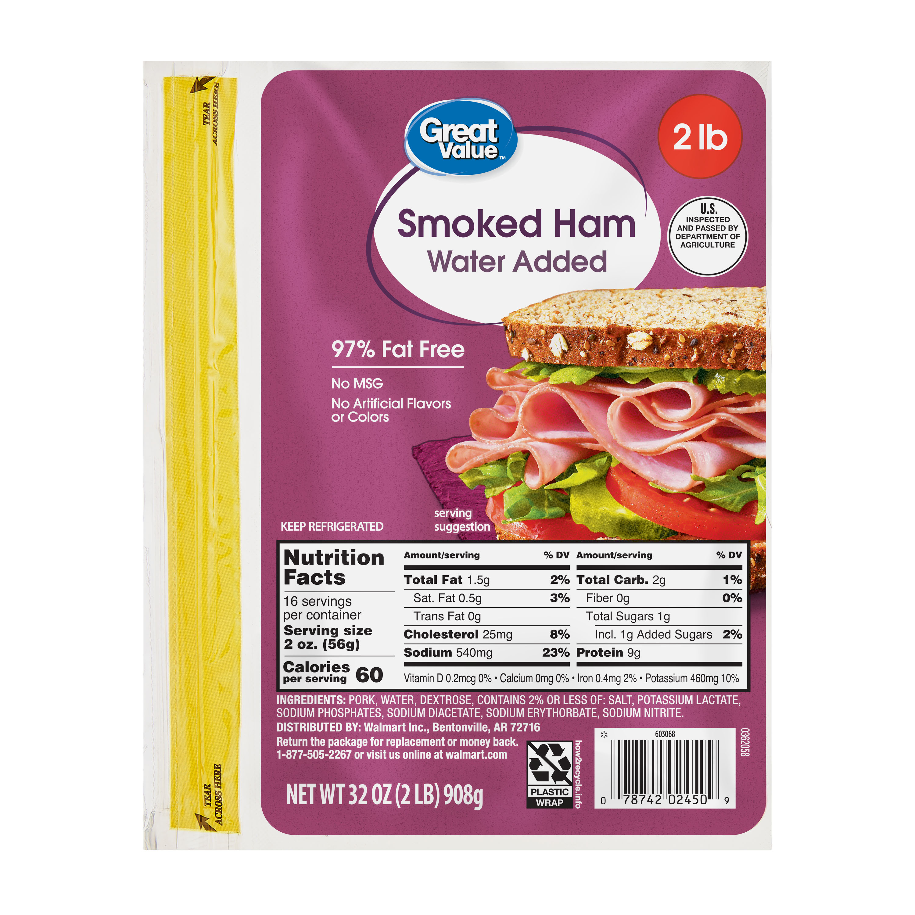Great Value, 97% Fat Free, Smoked Ham, Refrigerated 32 oz Plastic Pouch