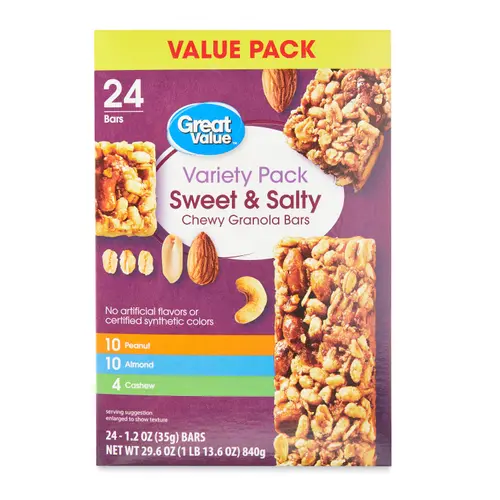 Great Value Sweet & Salty Chewy Granola Bars, Variety Pack, 1.2 oz, 24 Count